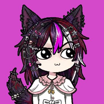 A chibi-style anime character with purple and white streaked hair, cat ears, skull hair clips, and a frilly white outfit on a magenta background.