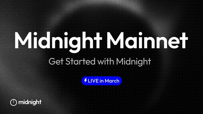 The image features a banner for an event related to Midnight mainnet. The banner displays the text "Midnight mainnet" and "Get Started with Midnight", indicating that this event will be about starting or learning more about the mainnet platform. It also mentions that the live event is scheduled for March, which is when the mainnet will officially launch. The image includes a clock showing the time as 12:00 PM (noon), suggesting it's already past noon and the event has just begun.