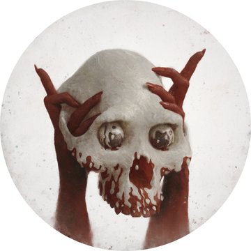 The image shows a skeletal head being held by two red-handed figures, a piece of art by @SamSpratt, likely the Profile Picture (PFP) the poster is referring to.