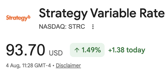 A Google Finance widget shows **Strategy Variable Rate (NASDAQ: STRC)** trading at **$93.70 USD**, up **1.49% (+$1.38)** as of 4 Aug, 11:28 GMT-4. The image supports the post's claim that $STRC is trading above the user's entry point despite earlier "doomer" skepticism.
