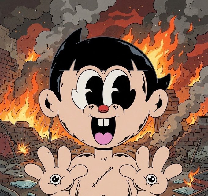 A cartoon illustration of a smiling boy with big eyes and two detached, sentient hands with eyes on them, set against a dramatic background of fire, smoke, and rubble.