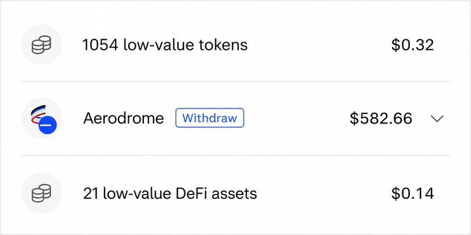 The image shows a crypto portfolio dashboard displaying 1054 low-value tokens ($0.32), an Aerodrome position of $582.66 with a "Withdraw" option, and 21 low-value DeFi assets ($0.14). It relates to the post by highlighting the user's Aerodrome liquidity providing activity on Base, illustrating a practical example of the LP (Liquidity Providing) criteria that may qualify users for a potential $BASE airdrop.