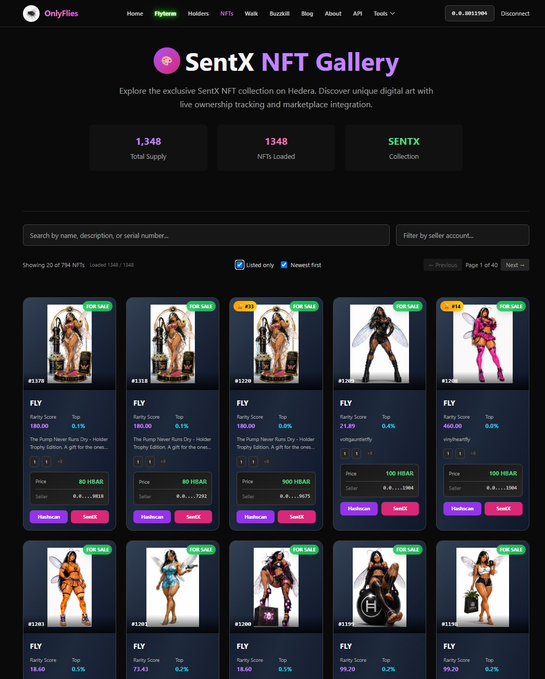 Screenshot of the SentX NFT Gallery website displaying a collection with a total supply of 1,348, showing various digital art pieces (FLY #1179, #118, #120, #1700, #1708) with rarity scores, HEAR prices, and sale status.