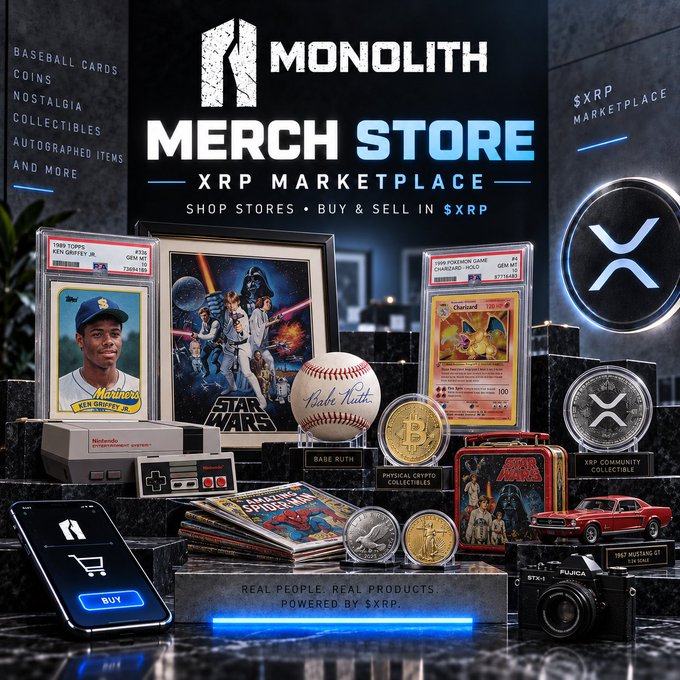 A promotional graphic for the "MONOLITH MERCH STORE — XRP MARKETPLACE" showcasing various collectibles including a Ken Griffey Jr. baseball card, a Babe Ruth signed baseball, Charizard and Pokémon cards, Star Wars memorabilia, physical crypto collectibles like Bitcoin and XRP coins, vintage Nintendo and camera items, and a vintage car, with text highlighting "REAL PEOPLE. REAL PRODUCTS. POWERED BY $XRP."