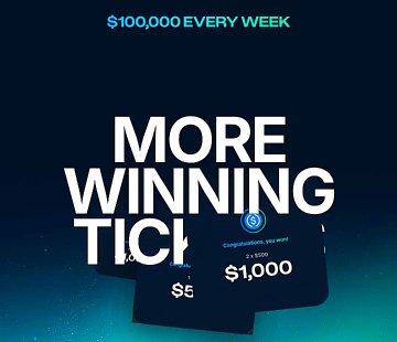 A promotional advertisement with text '$100,000 EVERY WEEK' and 'MORE WINNING TICKETS' displayed on a dark background with floating $5 and $1,000 prize cards.