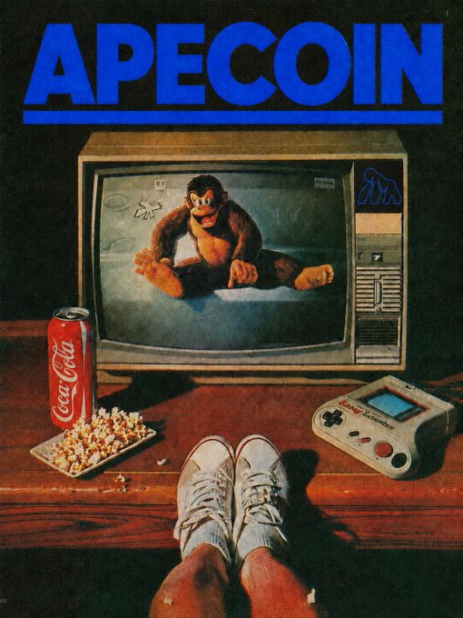 A retro 1980s-style illustration shows a first-person view of feet propped up on a wooden table watching a vintage TV playing Donkey Kong, with a Coca-Cola can, bowl of popcorn, and a Nintendo Game Boy nearby, under bold blue "APECOIN" text at the top—evoking nostalgic, laid-back gaming vibes that tie into the "$APE" crypto promotion.