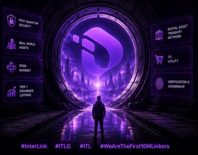 A futuristic purple-themed crypto infographic for 'InterLink' (#ITL, #ITLG, #WeAreTheFirst10MLinkers) listing features like Post-Quantum Security, Real-World Assets, Open Mainnet, Tier-1 Exchange Listings, Digital Asset Treasury Network, ITL Utility, and Verification & Ownership.