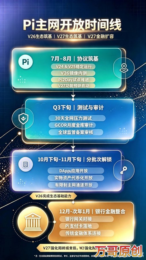 The image displays a Pi Mainnet Launch Timeline infographic outlining four sequential phases: Protocol foundation (July-August), Testing & Audit (Late Q3), Phased Mainnet Unlocking (Late October-Mid November), and Banking & Financial Integration (December-January next year), with milestones for V26 ecosystem foundation, V27 financial upgrades, and integration with traditional banking systems.
