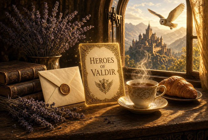 Fantasy artwork titled 'HEROES OF VALDIR' showing a book, sealed letter, lavender, and croissant on a wooden table with a castle view through a window.