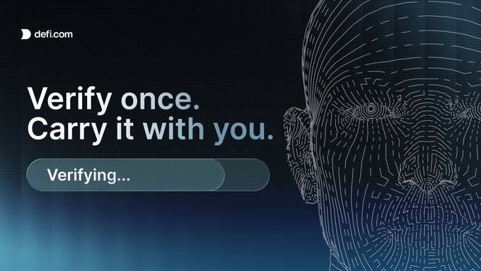 A defi.com promotional graphic with text 'Verify once. Carry it with you.' and a 'Verifying...' progress bar, alongside a wireframe illustration of a human face.