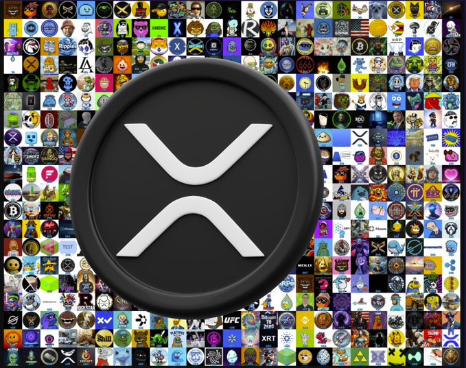 The image features a large circular logo with two black circles, one of which has white letters spelling "XRP". Below this logo there is another round circle containing various small icons related to cryptocurrency trading, such as logos for different cryptocurrencies and terms like XRPL or investing in cryptocurrency.