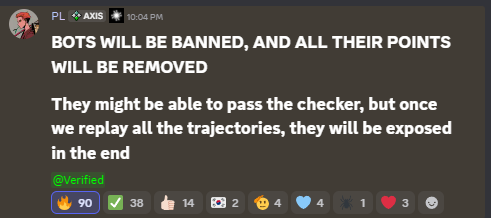 A Discord message from the "AXIS" bot states "BOTS WILL BE BANNED, AND ALL THEIR POINTS WILL BE REMOVED," explaining that bots will be exposed when trajectories are replayed.