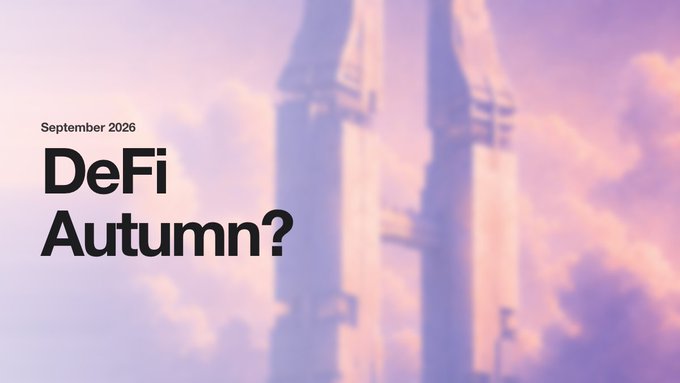 A stylized pink/purple sky image with a futuristic tower in the background, overlaid with text 'September 2026' and 'DeFi Autumn?'.