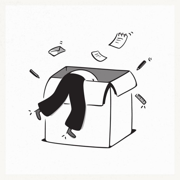 A cartoon illustration depicts a person head-first inside a cardboard box with their legs sticking out, while papers and pencils fly around them.