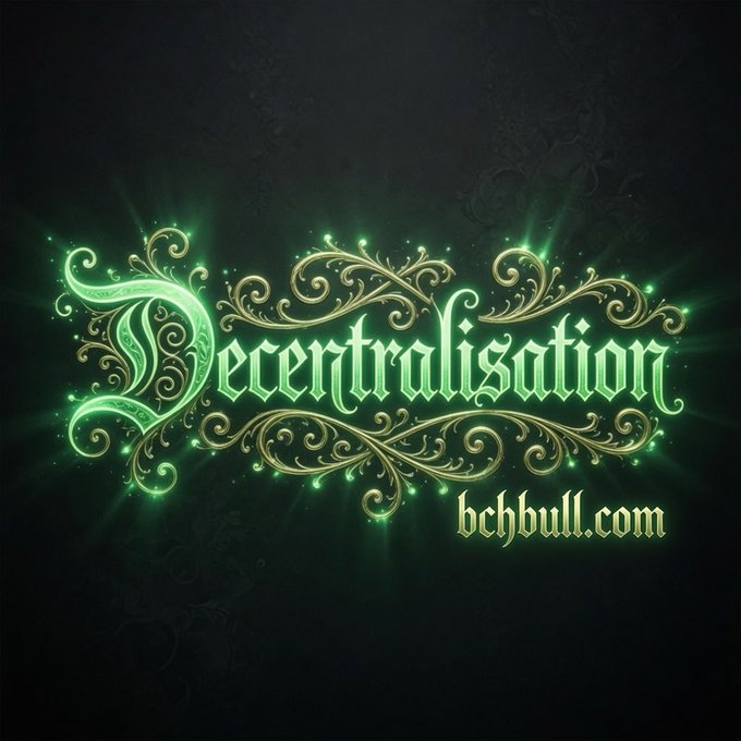 An ornate decorative text graphic displaying the word 'Decentralisation' in elaborate green and gold Gothic script with swirling flourishes, with 'bchbull.com' written below in gold.