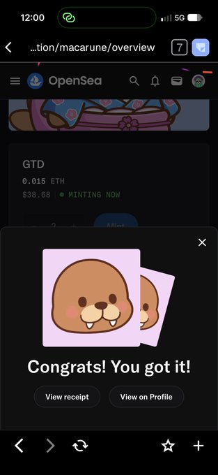 An OpenSea mobile screen showing a 'Congrats! You got it!' message with a cartoon otter NFT icon for an item called 'GTD' priced at 0.015 ETH.