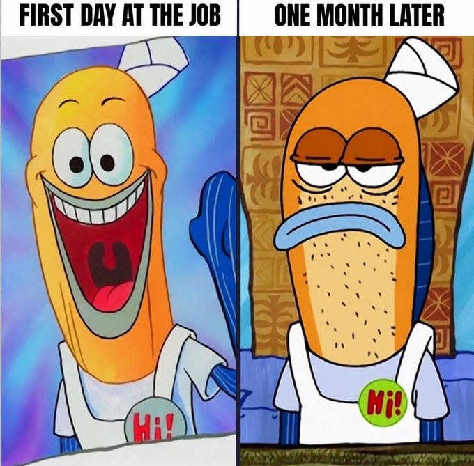 A side-by-side meme comparing an enthusiastic fish character on 'FIRST DAY AT THE JOB' with a tired, bearded version labeled 'ONE MONTH LATER'.