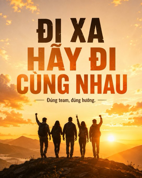 An inspirational poster with Vietnamese text 'ĐI XA HÃY ĐI CÙNG NHAU' and subtitle 'Đúng team, đúng hướng' showing silhouettes of five people standing together against a sunset.