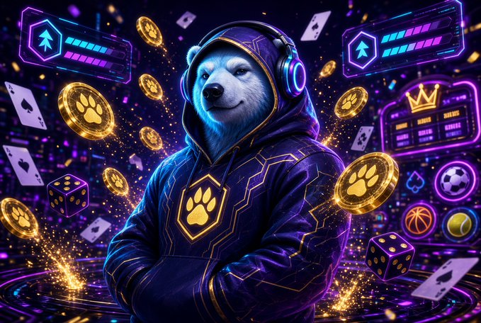 A vibrant AI-generated digital artwork of a polar bear in a hooded jacket with paw-print emblems, surrounded by floating gold paw coins, dice, playing cards, and neon gaming interface elements.