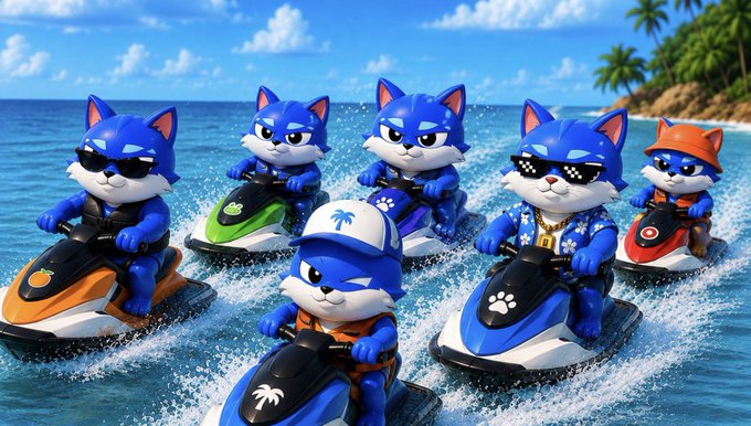 A squad of blue cat characters rides jet skis across tropical waters, sporting sunglasses, Hawaiian shirts, and a paw-print helmet to rally behind the $TOSHI bull run. The image's energetic, beachside rally vibe mirrors the post's bullish momentum call.