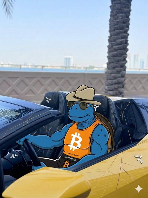 The image features a cartoon turtle wearing sunglasses, sitting inside a sports car. The turtle is wearing an orange tank top that says "B" printed on it, and there is a Bitcoin symbol visible on his shirt. In the background, there are buildings under a blue sky. The post encourages people to trade on @useTria and mentions a great week for trading.