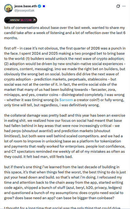 A tweet from Jesse Pollak (@jessepollak), CEO of Base, reflecting on the challenges Base faced in Q1 2026 and his admission of being "wrong" about social-focused crypto adoption through Farcaster, Zora, and creator coins. The post pairs with commentary about Pollak's pivot away from SocialFi toward enterprise-focused development with Coinbase involvement.