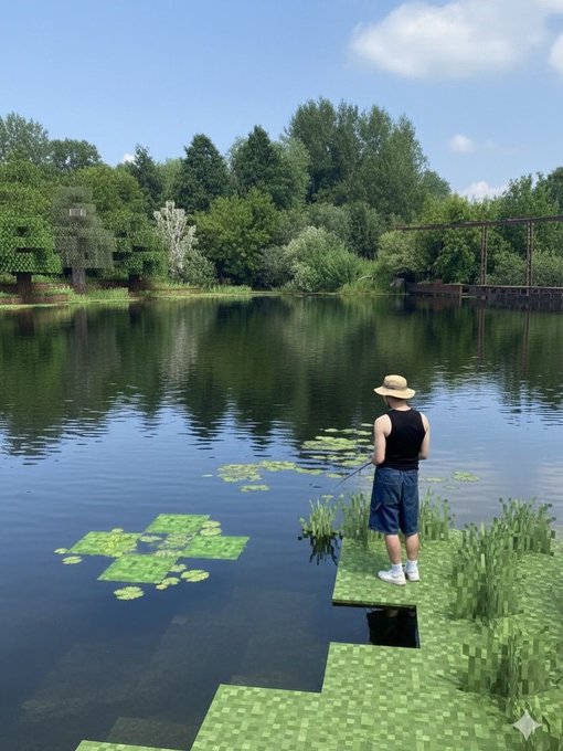A young boy in a sun hat and dark clothing stands on Minecraft-style blocky lily pads, fishing in a peaceful pond surrounded by lush green trees and a wooden bridge.