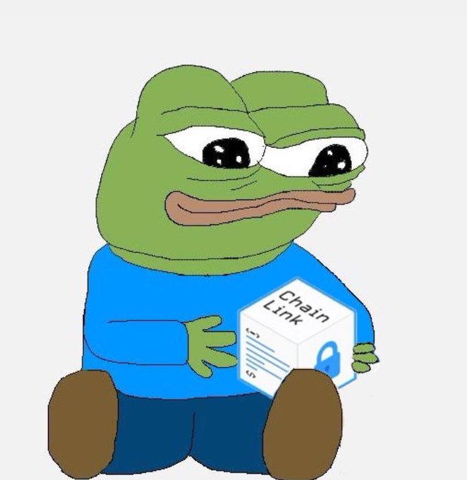 A cartoon Pepe the Frog character in a blue shirt holds a white box labeled "Chain Link" with a blue lock icon.
