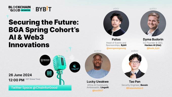 A promotional graphic for a Twitter Space titled "Securing the Future: BGA Spring Cohort's AI & Web3 Innovations," hosted by Pallas (Bybit) on June 26, 2024 at 12:00 PM GST, featuring guests Dyma Budorin (Hacken AI), Lucky Uwakwe (LingoAI), and Tao Pan (Beosin), with logos for Blockchain for Good and Bybit displayed alongside a microphone illustration.
