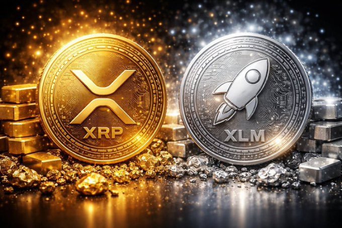 A digital artwork displays two cryptocurrency coins side by side: a gold coin labeled "XRP" and a silver coin labeled "XLM" with a rocket emblem, set against a sparkly background.