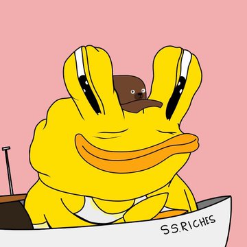 A cartoon illustration of a yellow frog wearing a small brown hat sits in a boat labeled "SS. RICHES." The image serves as a promotional graphic for the $SNIBBU migration mentioned in the accompanying text.