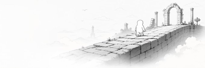 A minimalist pencil-style sketch of a small white character walking alone along a stone bridge that leads to a ruined archway in the clouds.