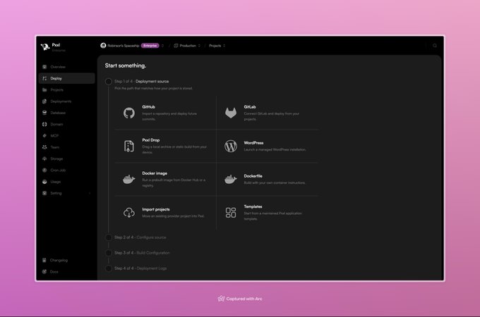 A screenshot of a 'Pod' dashboard interface showing options to 'Start something,' including GitHub, GitLab, Pod Drop, WordPress, Docker image, Dockerfile, Import projects, and Templates.