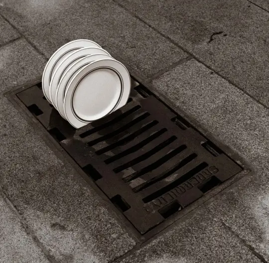 A stack of white plates with black rims resting precariously on a metal storm drain grate set into a stone pavement.