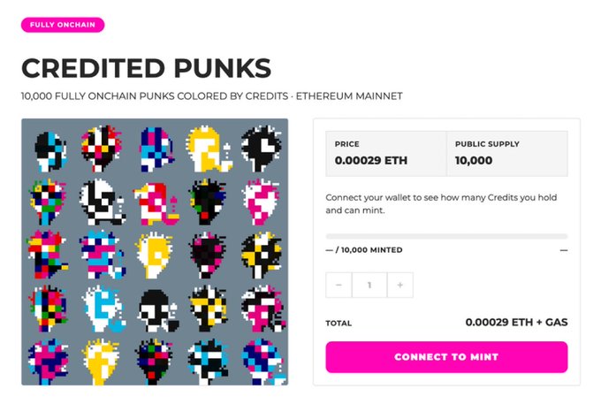 A webpage for minting "CREDITED PUNKS" on the Ethereum Mainnet, featuring a grid of colorful pixelated punk images alongside pricing details of 0.00029 ETH with a 10,000 public supply and a "Connect to Mint" button. The interface indicates that users holding Credits can mint these fully onchain punks, with a progress bar showing 0/10,000 minted.