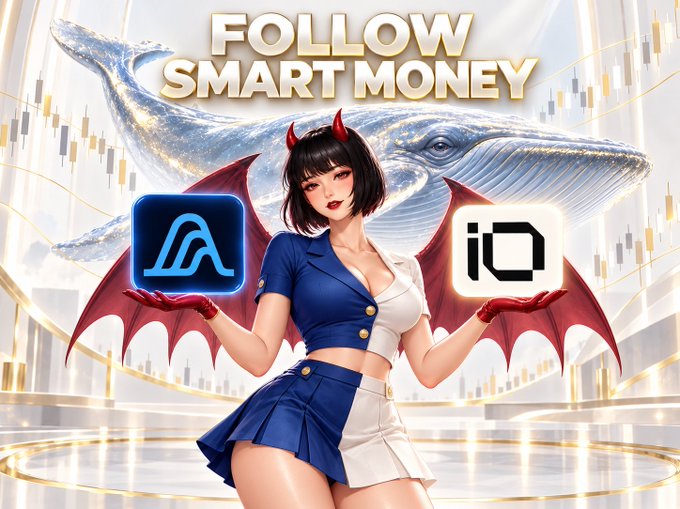 A stylized AI-themed finance graphic reads “FOLLOW SMART MONEY,” showing a whale, a horned anime-style woman with bat wings, and crypto/app icons over a bright market-chart background.