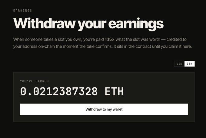 A dark-themed interface showing "Withdraw your earnings" with a balance of "0.0212387328 ETH" and a white "Withdraw to my wallet" button.