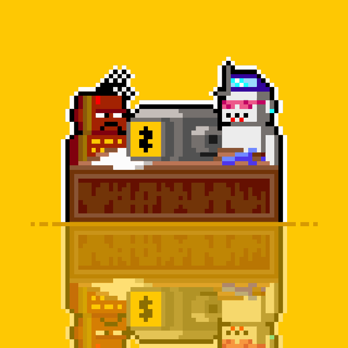 Pixel art of a pirate captain and a pirate rabbit standing behind a treasure chest adorned with dollar sign tokens, set against a gold background with a reflective surface below, visually representing the ZecBit launchpad's new ZEC NFT collections and treasure-hunting theme.