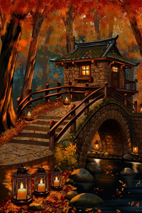 A fantasy digital illustration of a cozy stone cottage with a lit wooden door in an autumn forest, featuring a stone bridge, glowing lanterns, and a stream with rocks in the foreground.