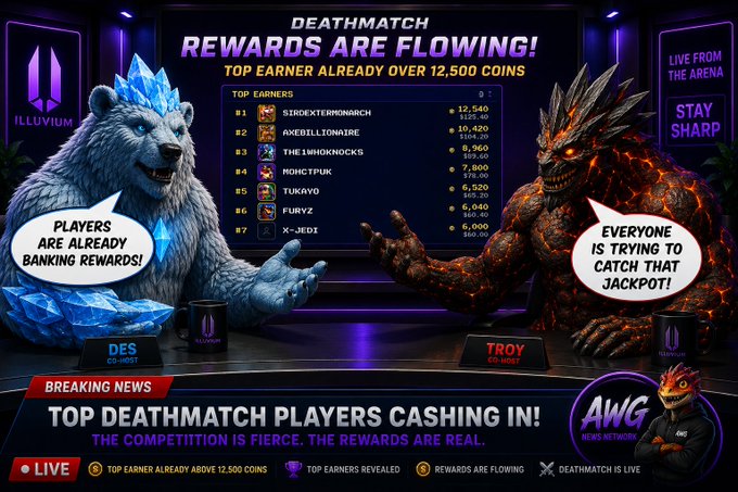 The image shows a poster for a video game called "Deathmatch", featuring two animated characters, one blue and one red, engaged in a battle. The poster also includes text about rewards and a competition, as well as information about the game's rating system. The focus of the image is on the characters and their actions within the game, with the background blurred to draw attention to the main elements.