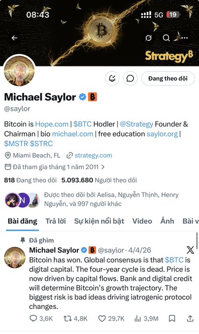 A screenshot of Michael Saylor's verified X (Twitter) profile (@saylor), showing his pinned post declaring "Bitcoin has won" and his role as Chairman of MicroStrategy ($MSTR), with 5,093,680 followers. The post references the "biggest risk is bad ideas driving iatrogenic protocol changes," which ties into the conspiracy theory about market makers and major exchanges manipulating Bitcoin's price to force the largest whale to liquidate holdings.