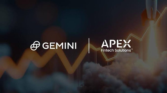 Logo graphics for GEMINI and APEX Fintech Solutions displayed side-by-side against a dark, blurred background with an upward trending chart line and a rocket.