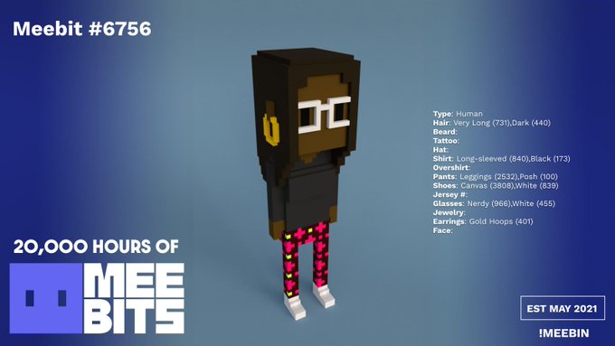 Meebit #6756, a Human character from the "20,000 Hours of MeeBits" collection (EST May 2021), is depicted wearing a black long-sleeved shirt, black long-sleeved top, Posh Leggings, White Nerdy Glasses, and Gold Hoops, featuring a dark-skinned avatar with a beard, hair, and long-sleeved shirt details as listed in the trait specifications.