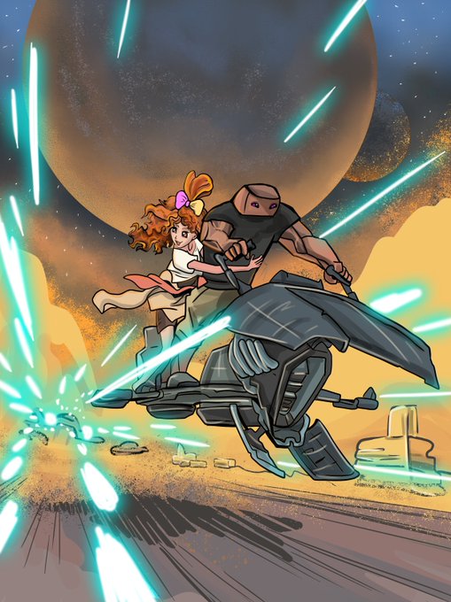 A comic-style illustration depicting a young girl riding a speeder bike with a hooded figure through a desert landscape while being chased by teal laser blasts.