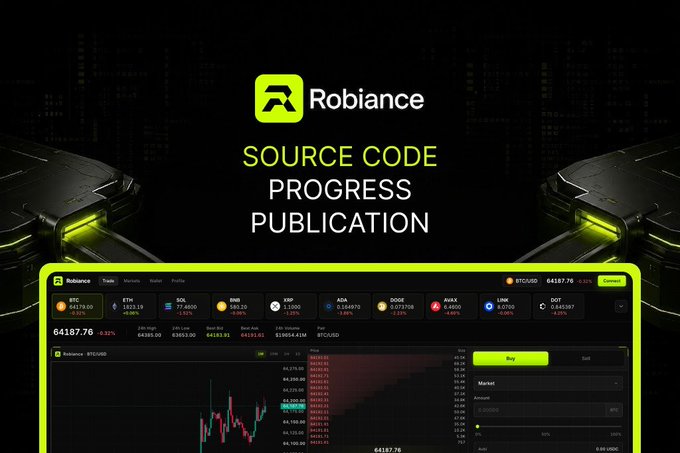 Robiance promotional graphic announcing 'SOURCE CODE PROGRESS PUBLICATION' with a screenshot of their cryptocurrency trading interface showing BTC/USD at $64187.76.