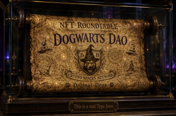 A display case containing an ornate scroll titled "NFT Roundtable - Dogwarts Dao - Crypto Spaces Network - Doginal Dogs" featuring a dog in a wizard hat emblem, with a plaque reading "This is a real Type Jawn."