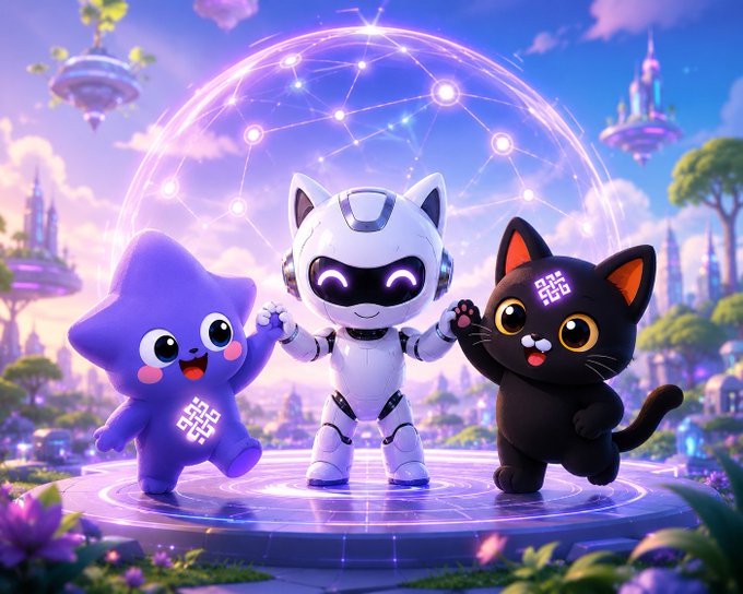 A whimsical 3D-rendered scene of three cute characters—a purple star-shaped figure, a white robot cat, and a black cat with a QR code on its forehead—standing together in a vibrant futuristic fantasy world with floating islands and a glowing energy dome.