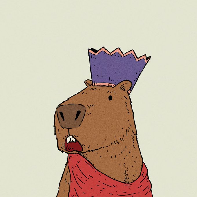 An illustration of a brown capybara wearing a purple torn paper crown and a red scarf against a cream background.