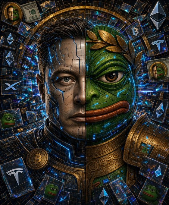 A split-face digital art portrait showing half a human face and half the Pepe the Frog meme character, surrounded by cryptocurrency symbols like Bitcoin, Ethereum, and XRP.