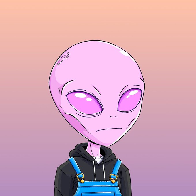 A cartoon-style pink alien with large purple eyes wearing a black hoodie and blue overalls, representing the "Juicy Juicy" NFT gifted to the user as a perk of being part of the Lunarverse Crown Dao community.